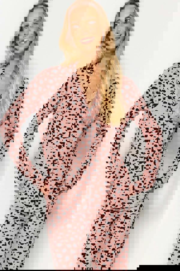 WOVCOR 2-Piece 100% Cotton Leopard Print Shirt-Pants Knit Pajama Set