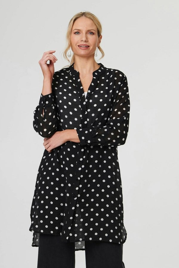 Black | Polka Dot Print Long Sleeve Tunic Shirt

