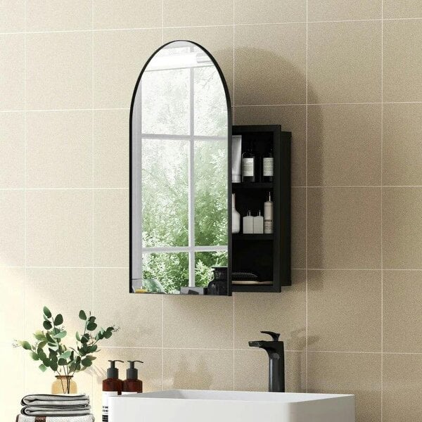 Bathroom Mirror Cabinet with Mirror, Arched Wall Mounted Bathroom Cabinet with Storage Shelves, Black - Black