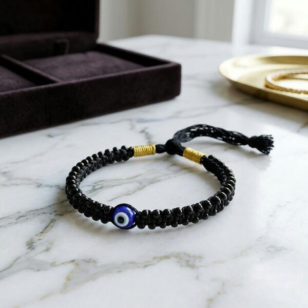 The Colourful Aura Adjustable Black Pearl Evil Eye Nazaria Bracelet for Kids