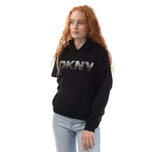 DKNY Womens/Ladies Logo Sequin Hoodie - Black/Grey - 