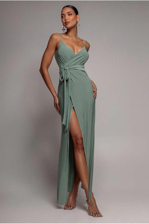 Wrap Front Maxi Slip Dress With Waist Tie-Up - Dark Sage DR2250C