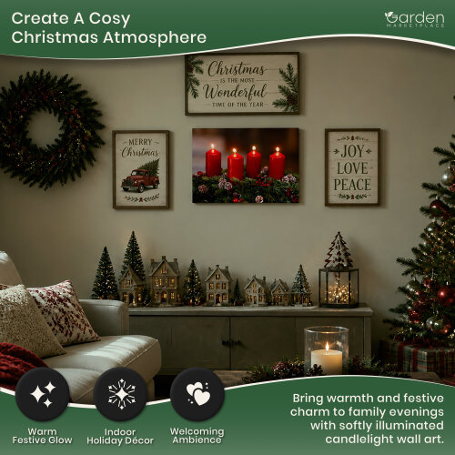 Festive 4 Red Candle LED Christmas Canvas Picture Print, Wooden Frame Wall Art with Switch, 40cm x 30cm, Battery Powered