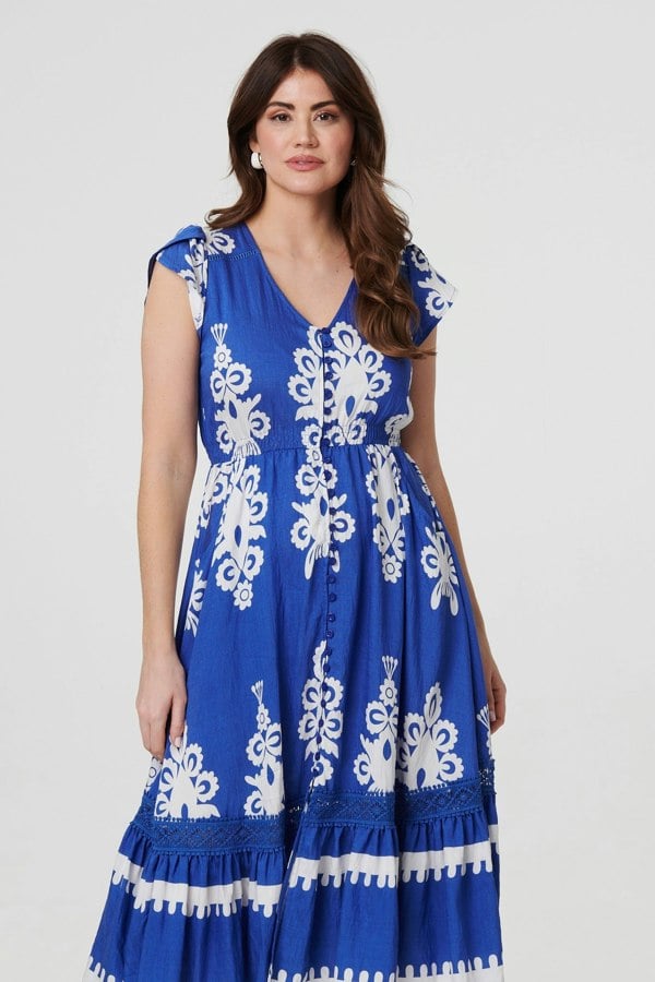 Blue | Ikat Print Cap Sleeve Lace Midi Dress
