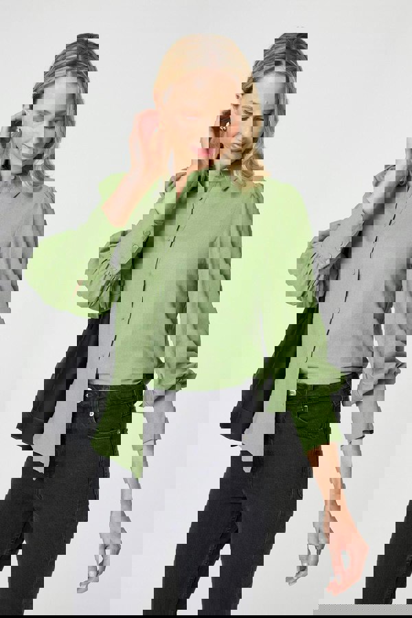 Sage | Plain Puff Sleeve Button-Up Shirt
