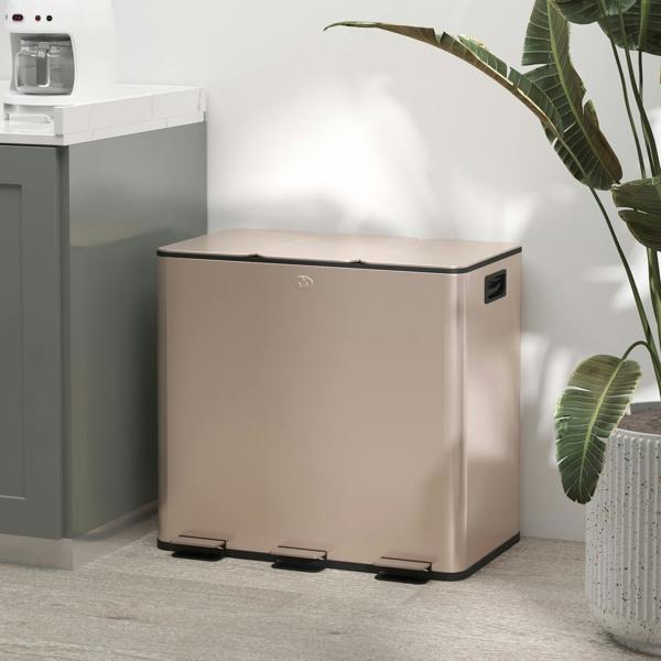 HOMCOM 3 x 15L Triple Kitchen Bin Pedal Bin for Recycling and Waste - Gold Tone - 12L