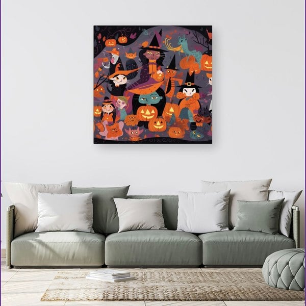 Warren Reed A Vibrant Illustration Of Witches And Pumpkin Canvas