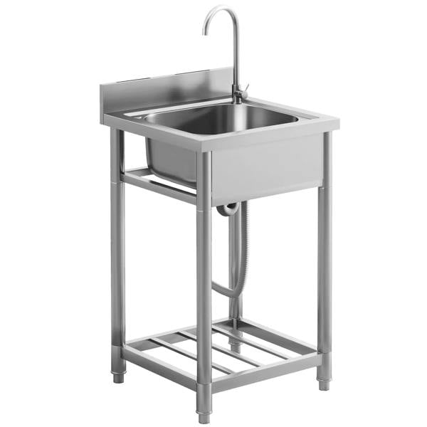Silver stainless steel freestanding utility sink with single bowl, faucet, and storage shelf