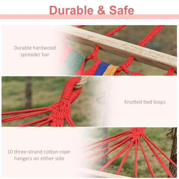 Cotton hammock swing rope tie loops and knotted attachments along a wooden spreader bar