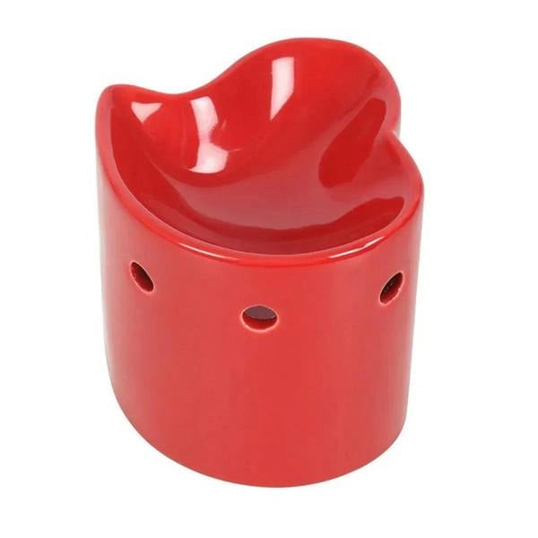 Red ceramic wax warmer with heart-shaped top cup and front vent holes