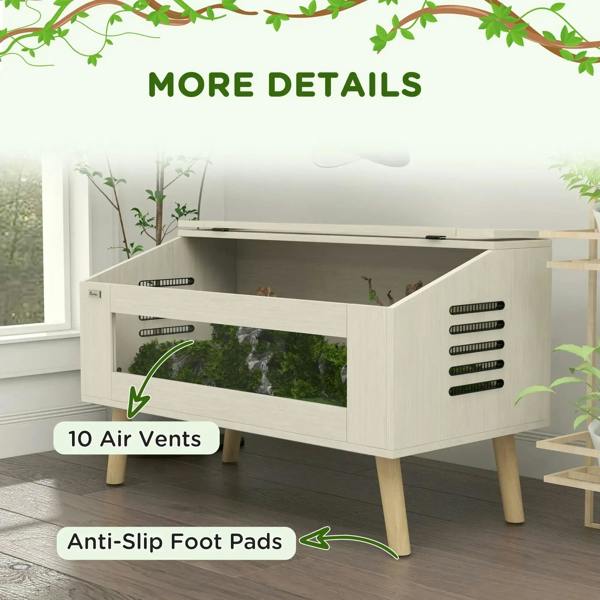 Oak 140L reptile box showing side air vents and anti-slip foot pads on legs