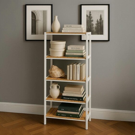 Neo White 5 Tier Bamboo Storage Shelf Shelves Rack Adjustable Multi-Purpose Rack Shoes Plants Bathroom Kitchen Hallway Room Organiser Unit