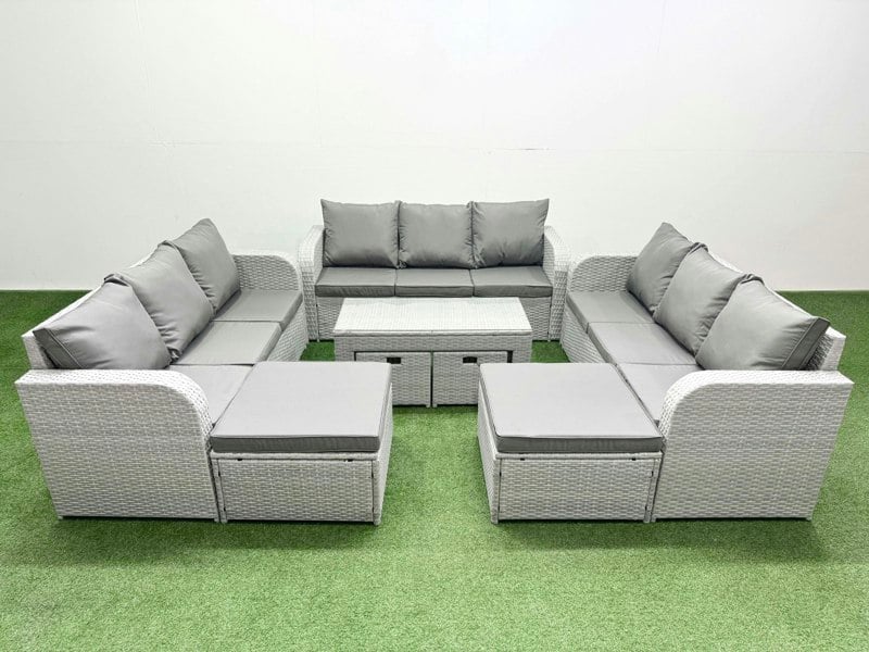 Fimous Outdoor Garden Furniture Set PE Rattan 3 Seater Sofa Set with Oblong Coffee Table 4 Footstools Light Grey