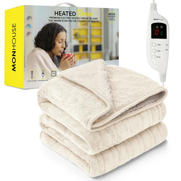 MONHOUSE Heated Electric Throw 9H Timer 9 Heat Setting Shearling Fleece Blanket