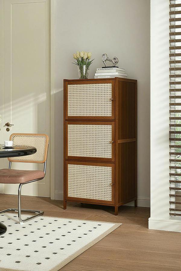 3-Tier Bamboo Bookcase Bookshelf Storage Rack with Doors