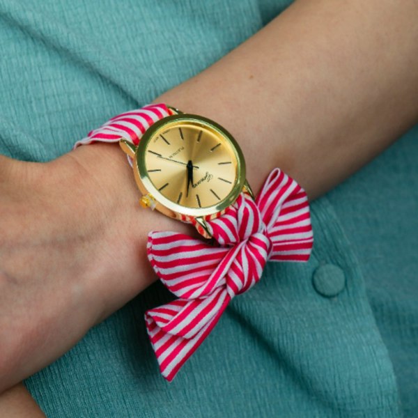 The Colourful Aura Orange Stripe Cloth women cotton strap wristwatch - Green/Pink