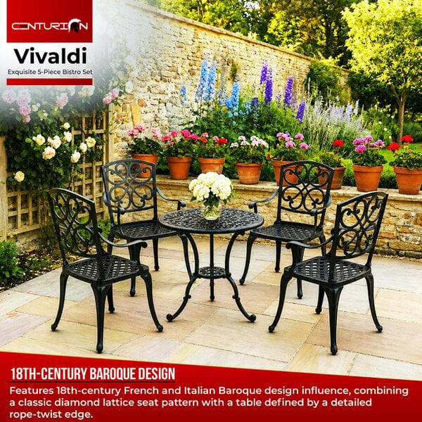 Centurion VIVALDI Black 5-Piece Cast Aluminium Garden Bistro Set - Rust-Proof Round Table with Parasol Hole & 4 Large Armchairs - Baroque Design