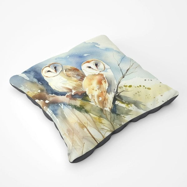 Warren Reed Barn Owls Watercolour Floor Cushion