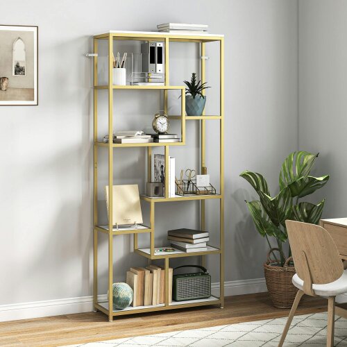 Wyld Haus Lolaha Wood And Metal White And Gold Tone 7 Tier Geometric Display Bookcase