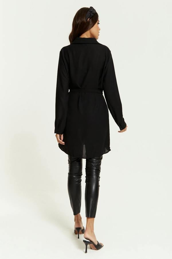 Hoxton Gal Oversized Belt Detailed Shirt Tunic with Long Sleeves in Black