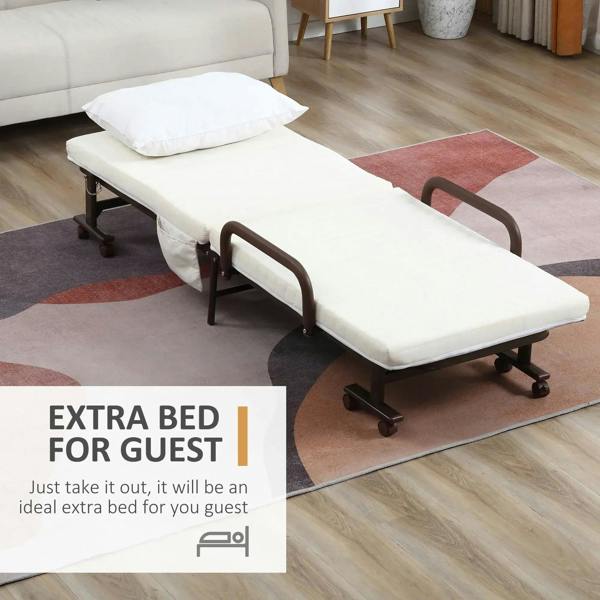 Portable folding guest bed with white mattress and brown side handles on rolling casters