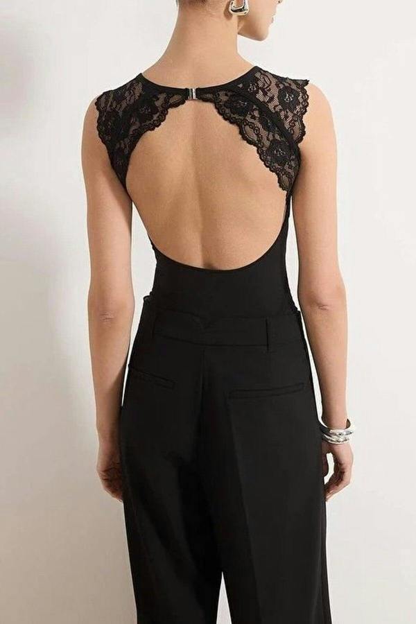 WOVCOR Lace Detail Backless Knitted Bodysuit