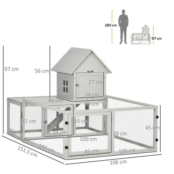 Light grey rabbit hutch with house and large fenced enclosure, shown with dimensions