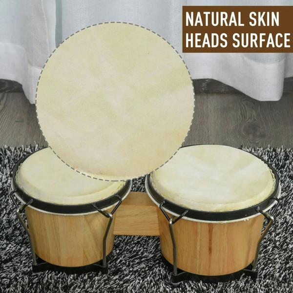Two natural wood bongos with overlapping light drumheads close-up