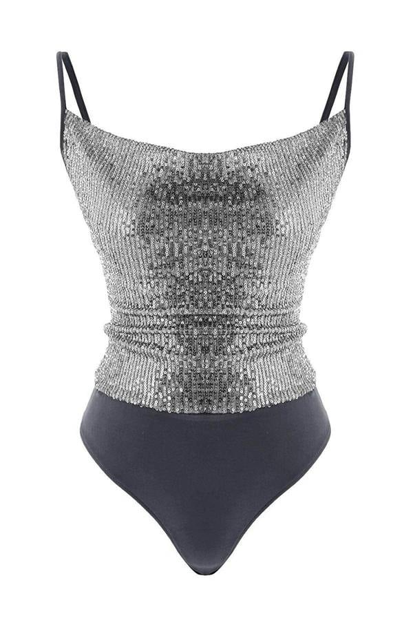 WOVCOR Sequin Knit Bodysuit with Cowl Neck Straps