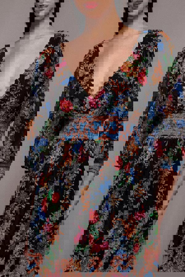 Chiffon Wrap Border Floral Print Midi Dress - Black DR4333