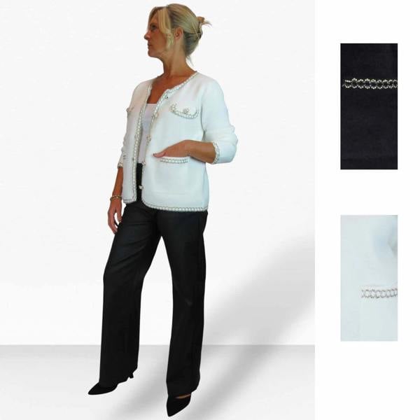 Paulo Due Women's Textured Bouclé Cardigan Jacket with Pearl Trim