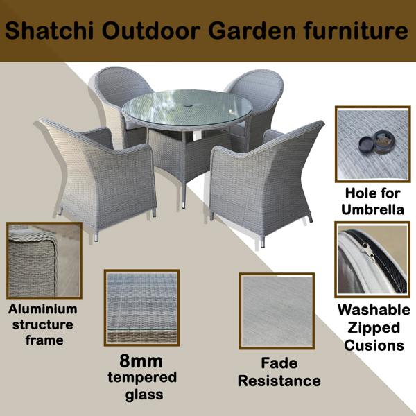 Shatchi Sorrento 4-Seater Rattan Dining Round Garden Table & Chairs Aluminium Outdoor Furniture Set