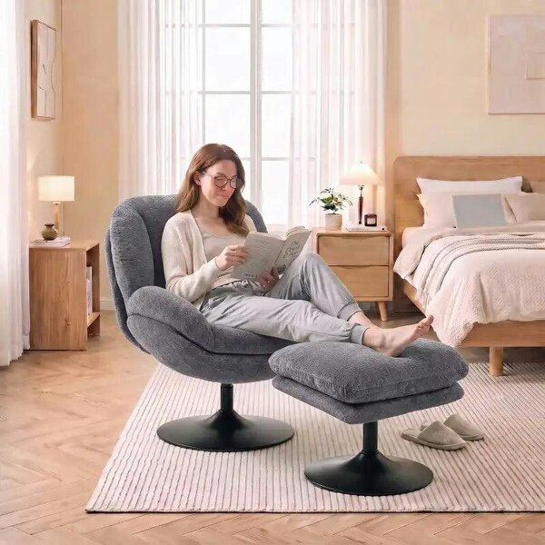 Modern Chenille Lazy Chair with Ottoman, 360° Swivel, Upholstered Reading Seat Set for Living Room, Dark Grey