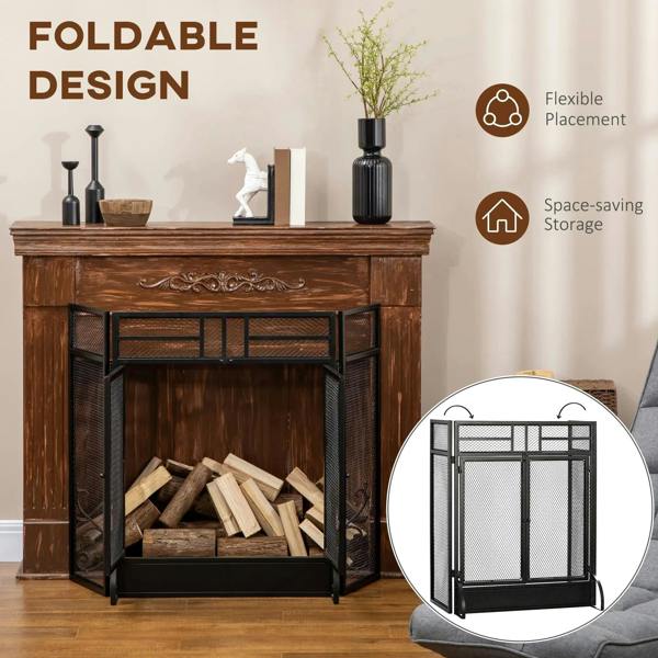 Black freestanding spark guard fireplace screen, 3 panels, mesh mesh design with door open