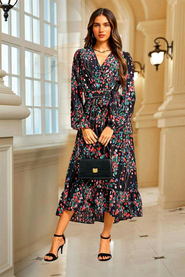 FS Collection Abstract Floral Print Long Sleeve V Neck Wrap Top Midi Dress In Black
