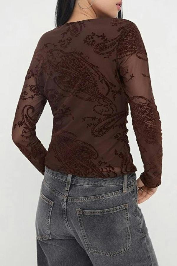 WOVCOR Flock Printed Tulle Long-Sleeved Boat Neck Knitted Blouse