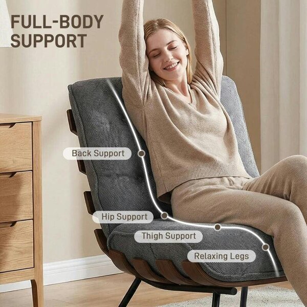 Accent Chair, Linen-look Fabric Reading Chair with Spring Cushion, Slatted Support, Steel Frame, Dark Grey