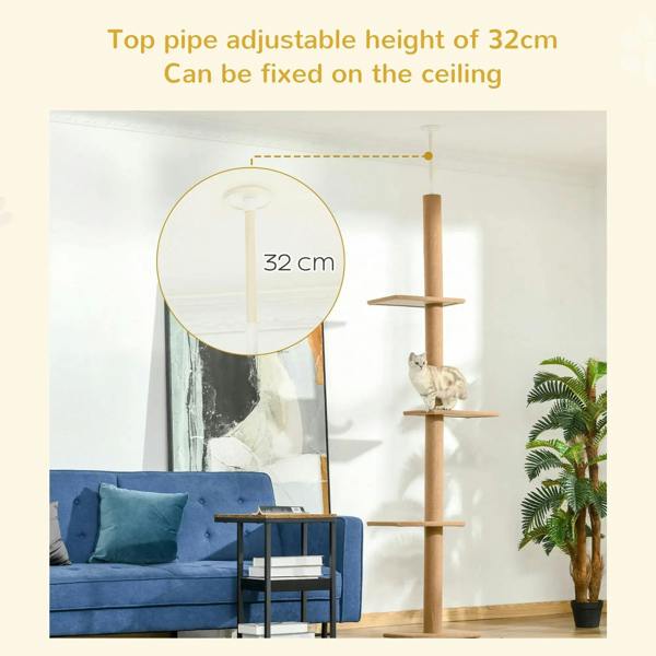 Brown cat tree with adjustable top pipe shown above platforms and a resting cat