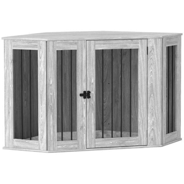 Grey wooden dog crate side table with sliding front door