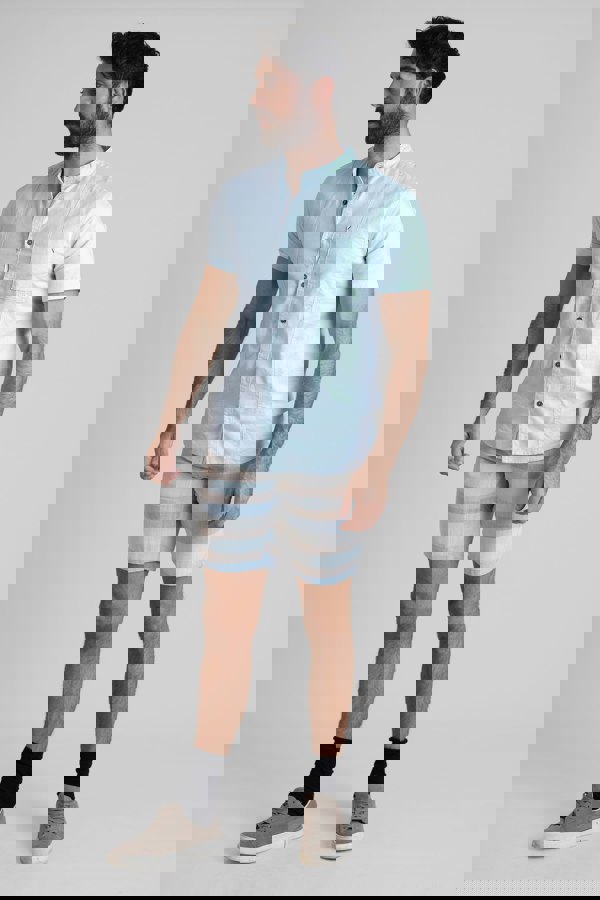 ENORSIA Sky Blue Cotton Linen Grandad Collar Shirt