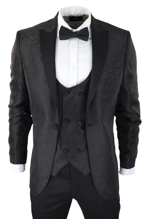 TruClothing Mens Black Tuxedo Blazer Waistcoat Brocade Satin Paisley Formal Dinner Jacket