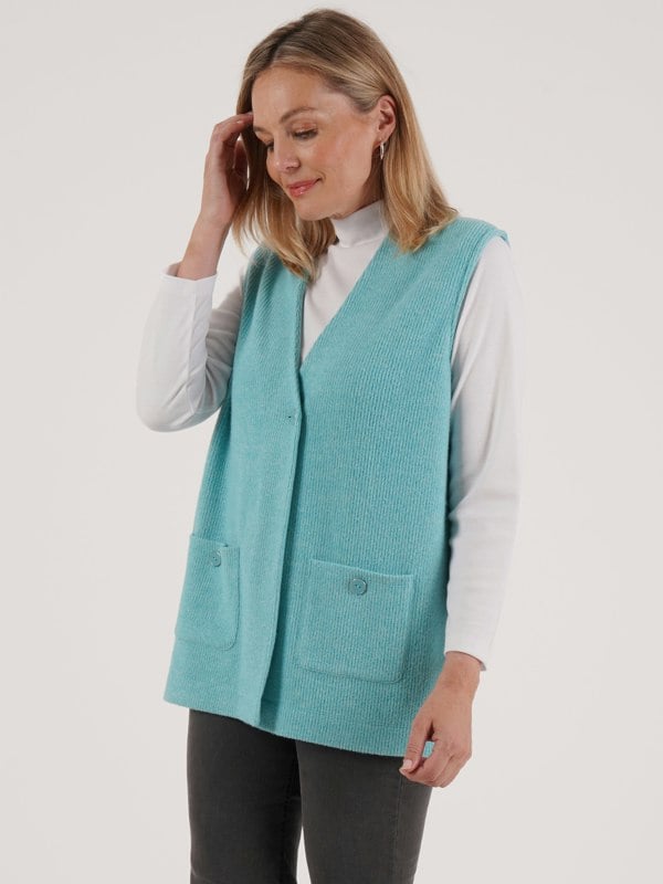 PennyPlain Ribbed Button Gilet - Opal