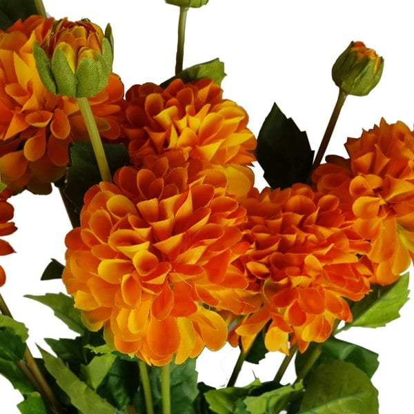 Leaf Pack of 6 x 75cm Artificial Dahlia PomPom Flower Stem Orange