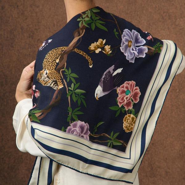 Midnight Safari Wool Silk Scarf – Animal Print Wrap, Hand-Rolled Hem, Winter Gift