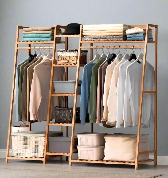 Modcraft Bamboo Garment Rack with 2 Hanging Rods & 5 Tier Storage Shelves – Natural Wood Finish