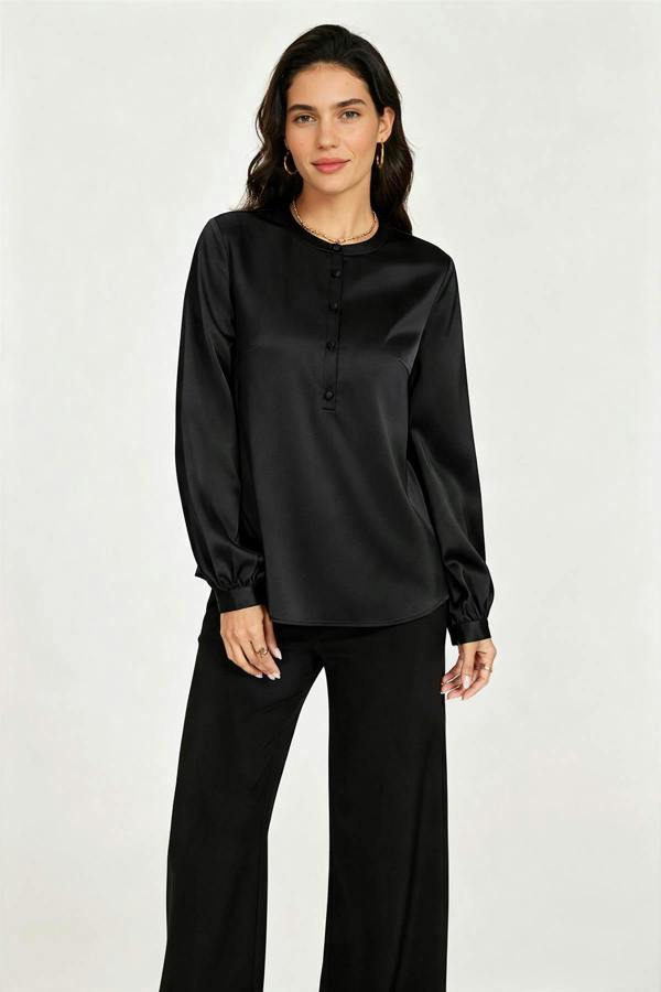 FS Collection Long Sleeve Satin Blouse Top In Black