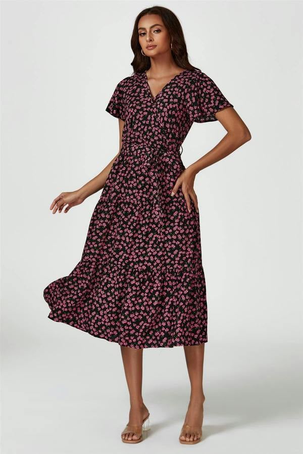 FS Collection Pink Floral Print Wrap Midi Dress In Black