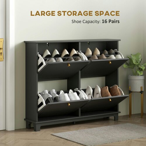 Wyld Haus Serodo Wooden Black Slim Shoe Cupboard With 4 Flip Drawer For 16 Pairs