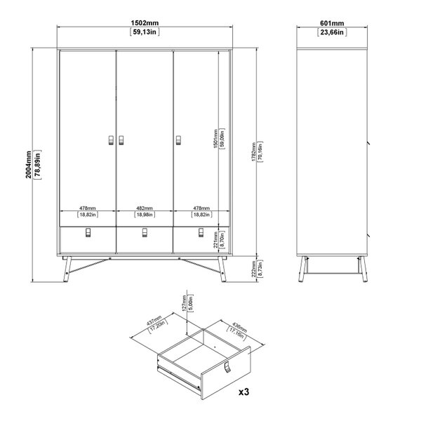 Wyld Haus Juno Wardrobe 3 Doors 3 Drawers Natural Oak