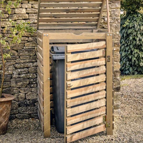 A natural spruce single wheelie bin store with both its slatted timber front door and top lid propped open, showcasing easy access from Abode Home & Gifts.